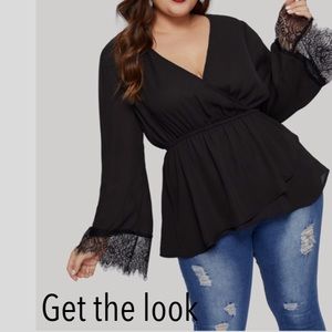 Eci Woman Sheer V-Neck Embroidered Bell Sleeve Top